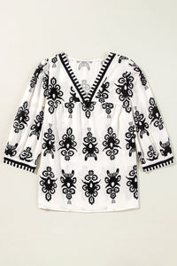 Boho Beige and Black Print Puff Sleeve Blouse