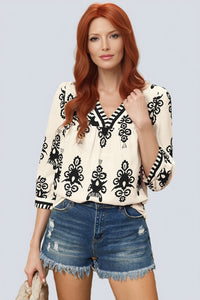 Boho Beige and Black Print Puff Sleeve Blouse