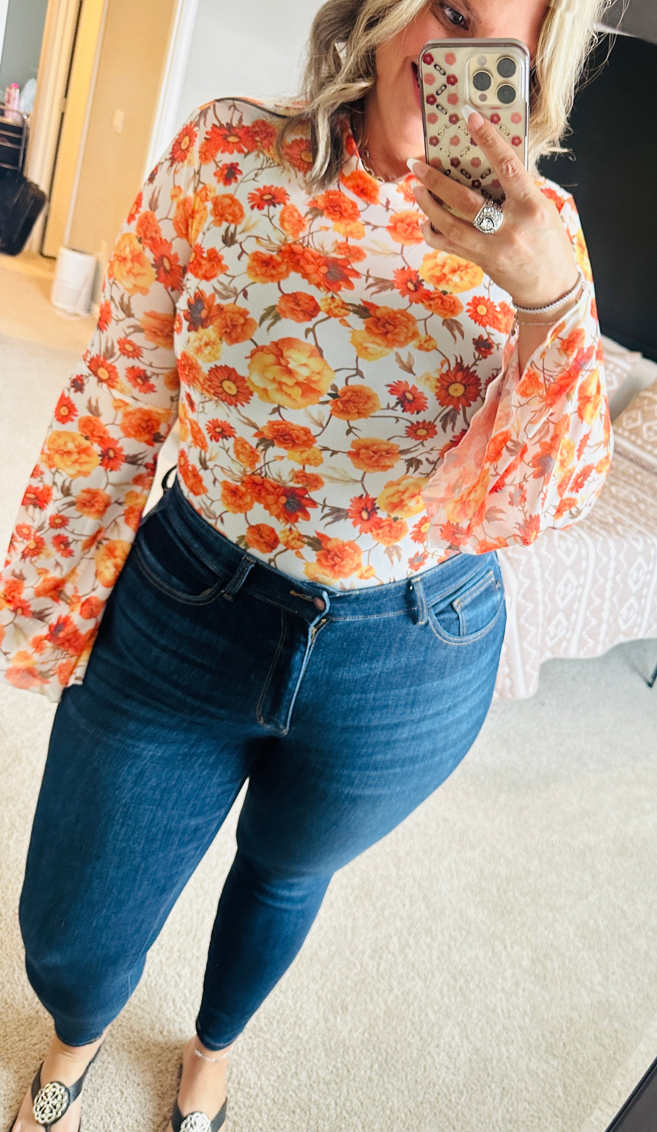 Orange Floral Mesh Boho Top