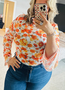 Orange Floral Mesh Boho Top