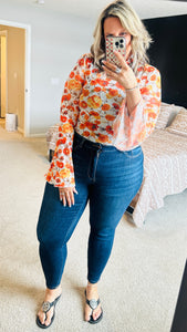 Orange Floral Mesh Boho Top